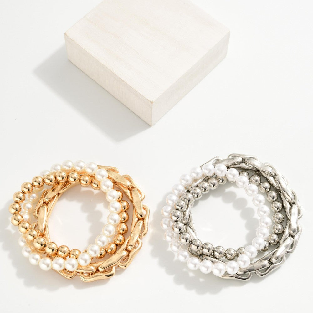 Pearl and Pig Nose Chain Bracelet Set