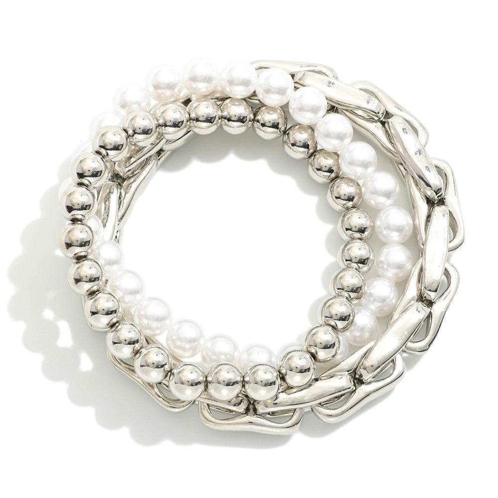 Pearl and Pig Nose Chain Bracelet Set