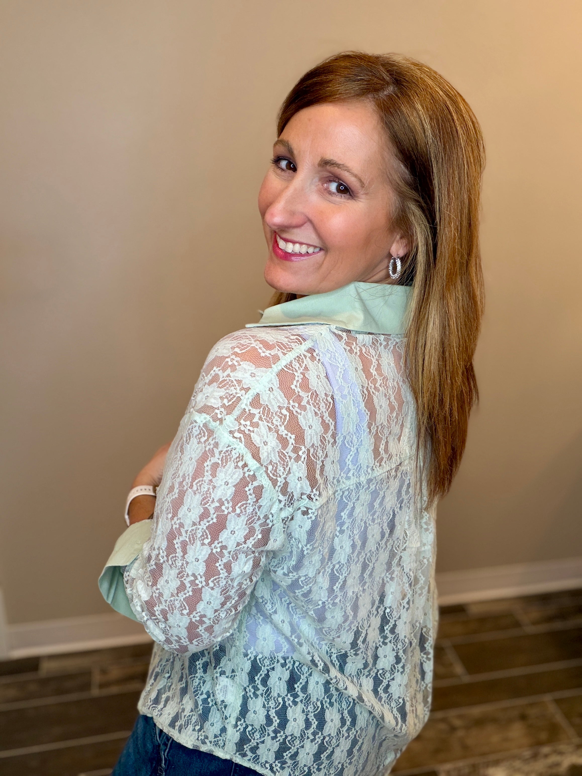 Kathryn Mint Lace Button Up