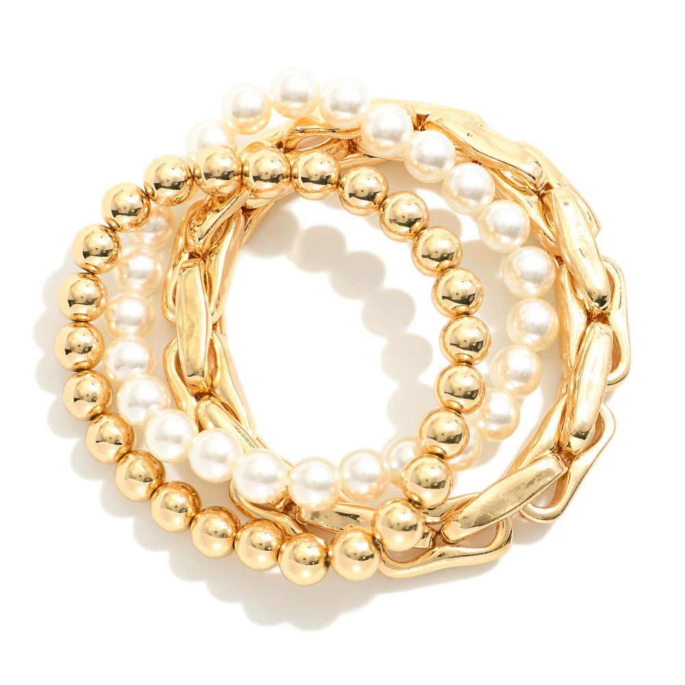 Pearl and Pig Nose Chain Bracelet Set