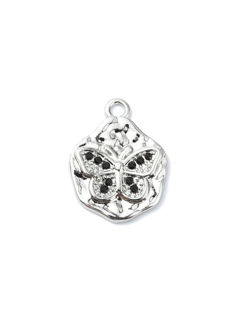 Silver Hammered Black Rhinestone Butterfly Charm