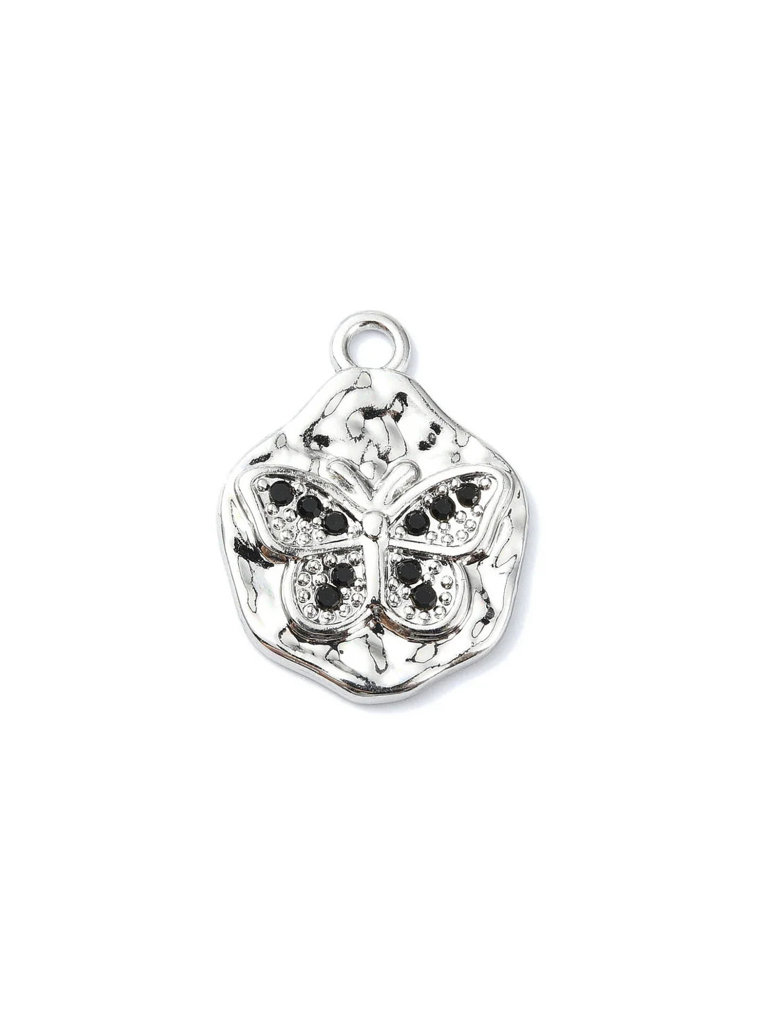 Silver Hammered Black Rhinestone Butterfly Charm