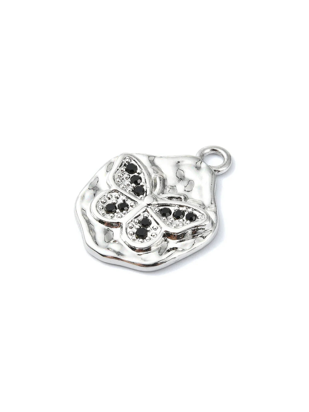 Silver Hammered Black Rhinestone Butterfly Charm