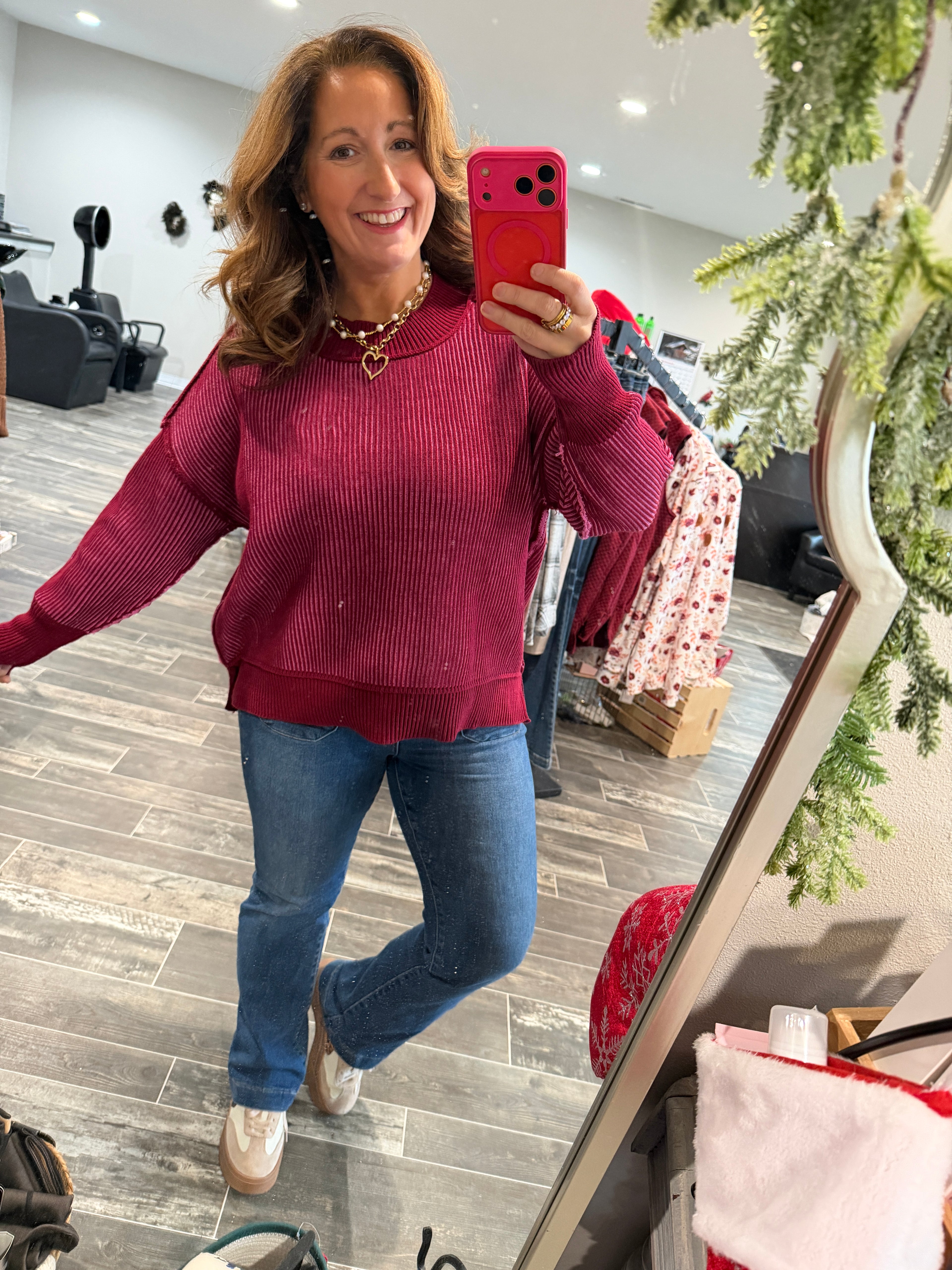 Blushing Confidence Ribbed Sweater – Burgundy & Rose