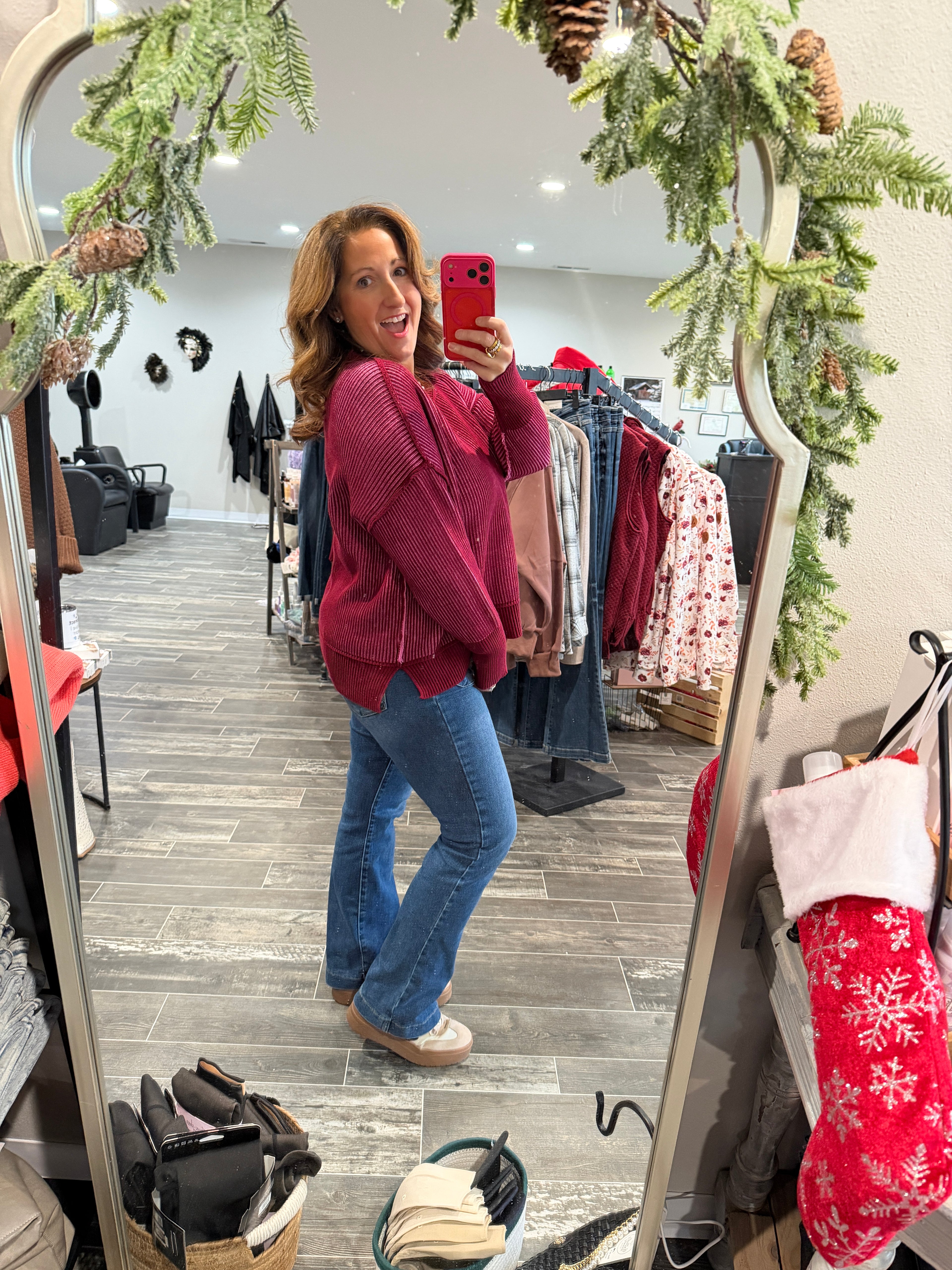 Blushing Confidence Ribbed Sweater – Burgundy & Rose