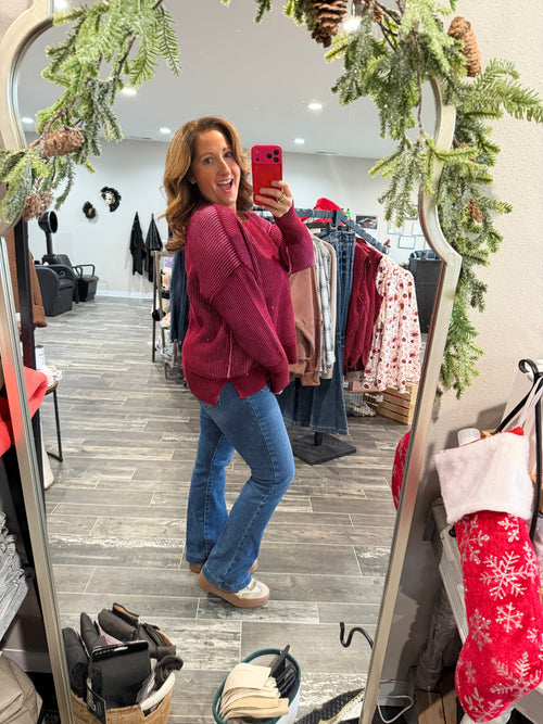 Blushing Confidence Ribbed Sweater – Burgundy & Rose